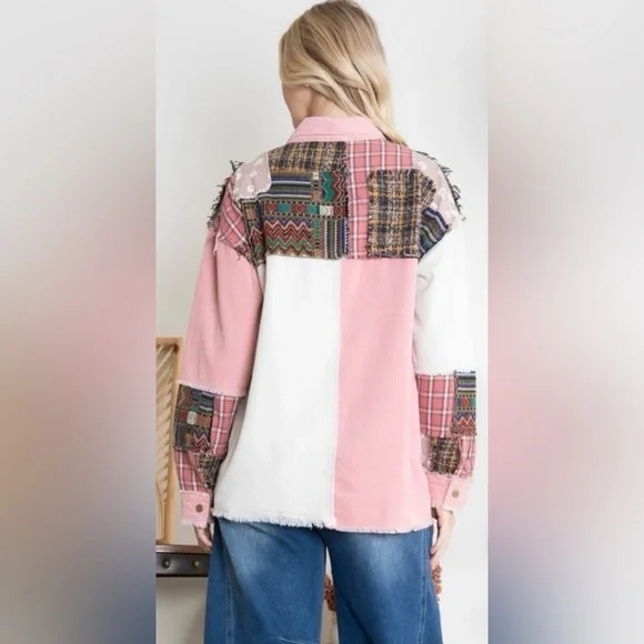 V1. ❤️NEW Pink Corduroy Patchwork Shacket/Jacket Blue Velvet New Item LAST ONE - Picture 2 of 3